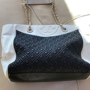 Tory Burch black and white quilted tote